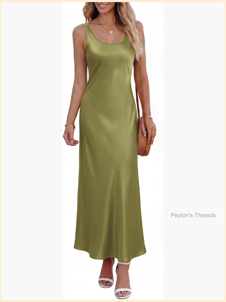 Satin Sleeveless Scoop Neck Maxi Dress Casual Summer Party Sundress